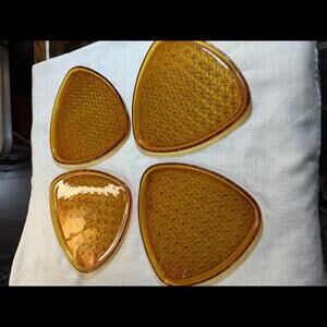 Vintage Anchor Hocking Daisy & Button Triangle Snack Plates Amber Set of 4